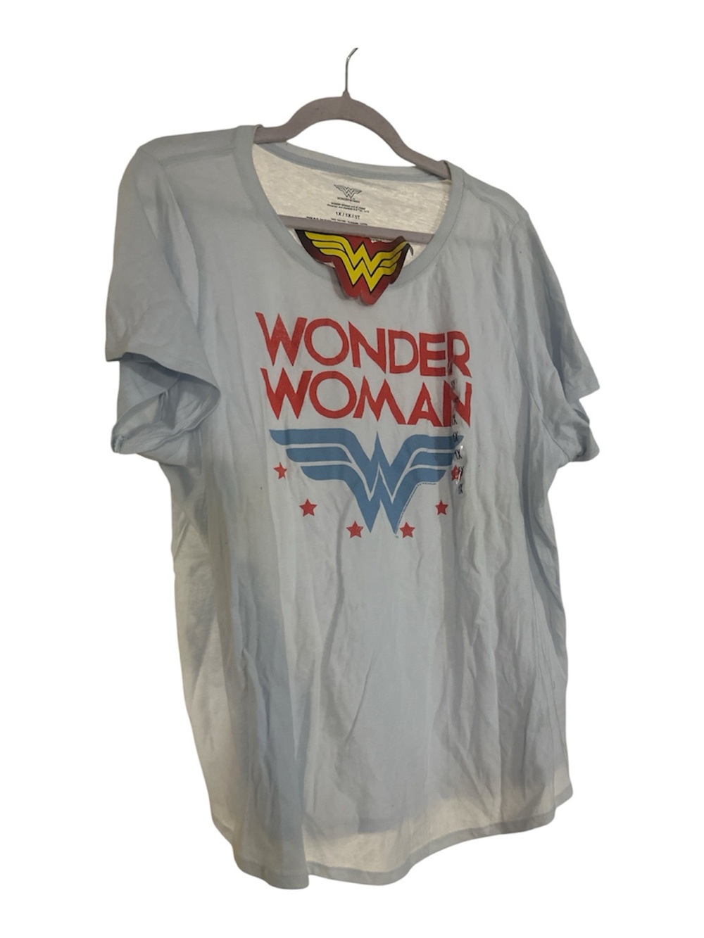NWT DC Comics Wonder Woman Short Sleeve - Light Blue with Red and Blue Logo 1x